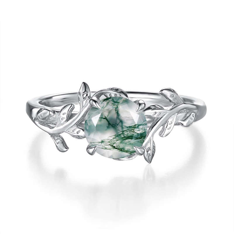 S925 Leaf Design Solitaire in Natural Green Moss Agate