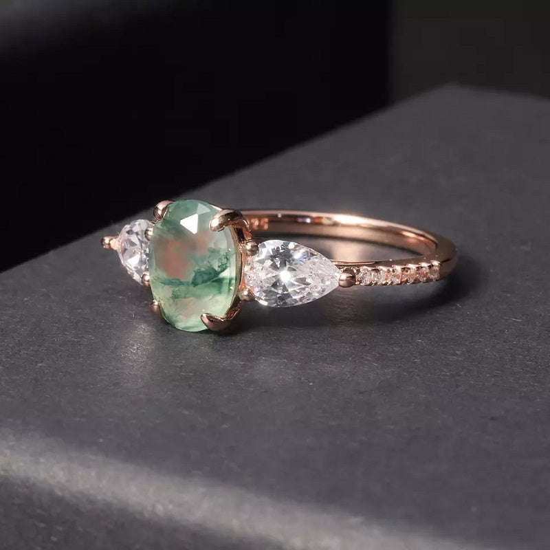 Moss Agate Ring with Pear Side Stone