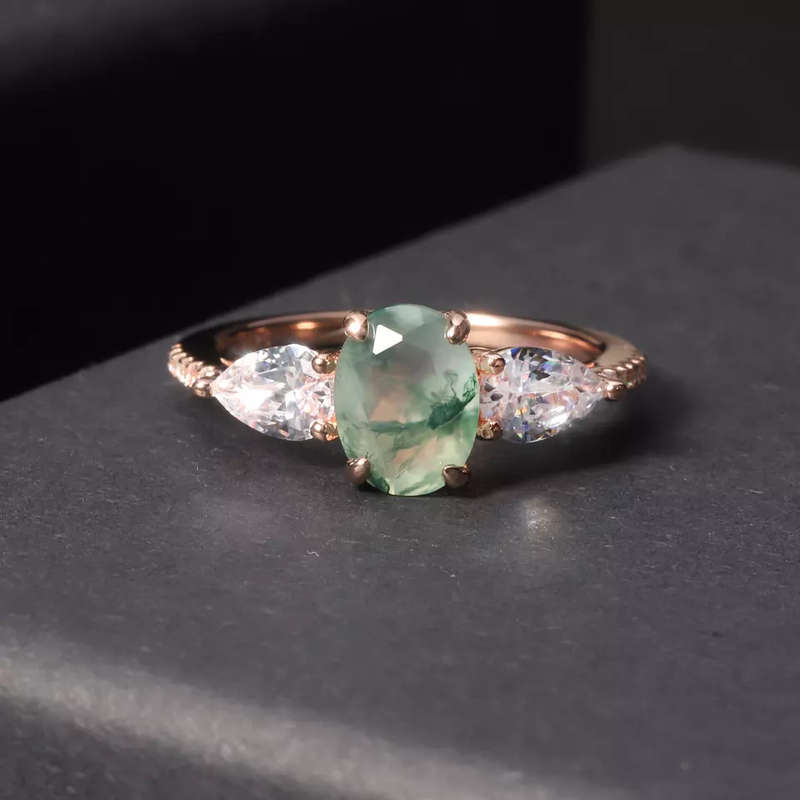 Moss Agate Ring with Pear Side Stone