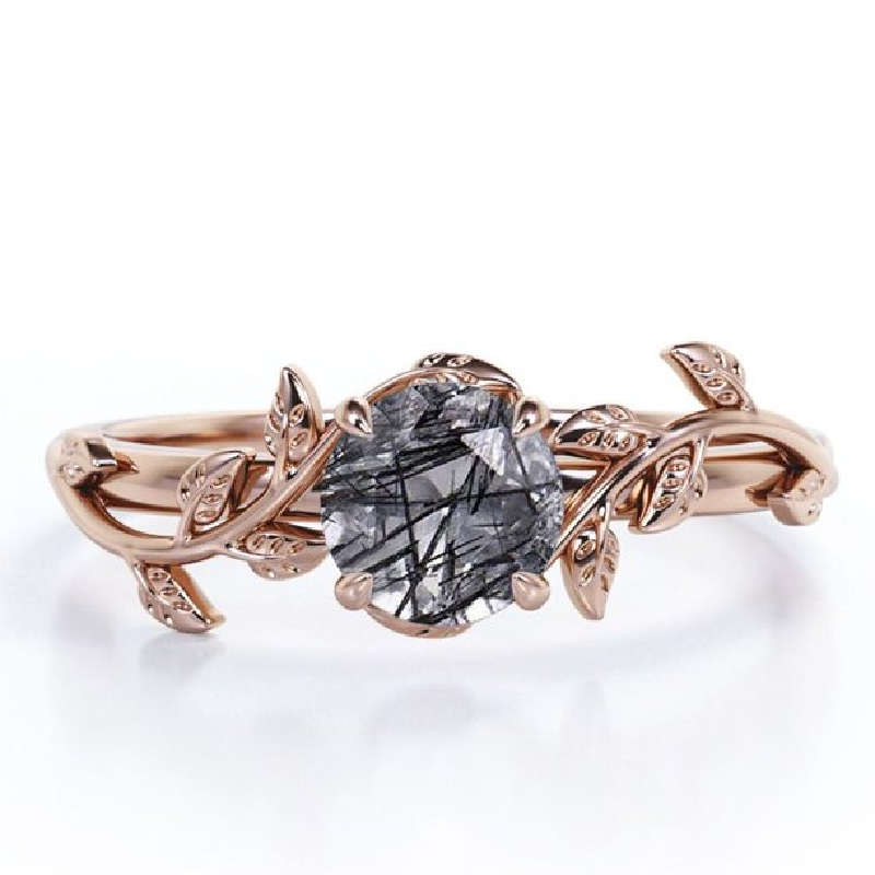 S925 Black Rutilated Quartz Leaf Solitaire in Rose Gold