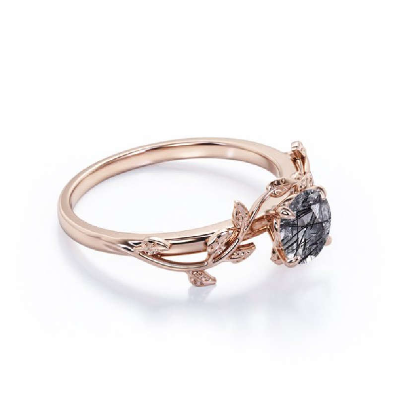 S925 Black Rutilated Quartz Leaf Solitaire in Rose Gold
