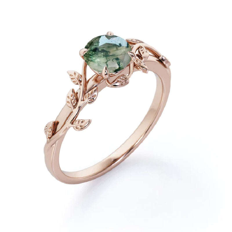 Mossy Green Agate Leaf Solitaire - Rose Gold - 7