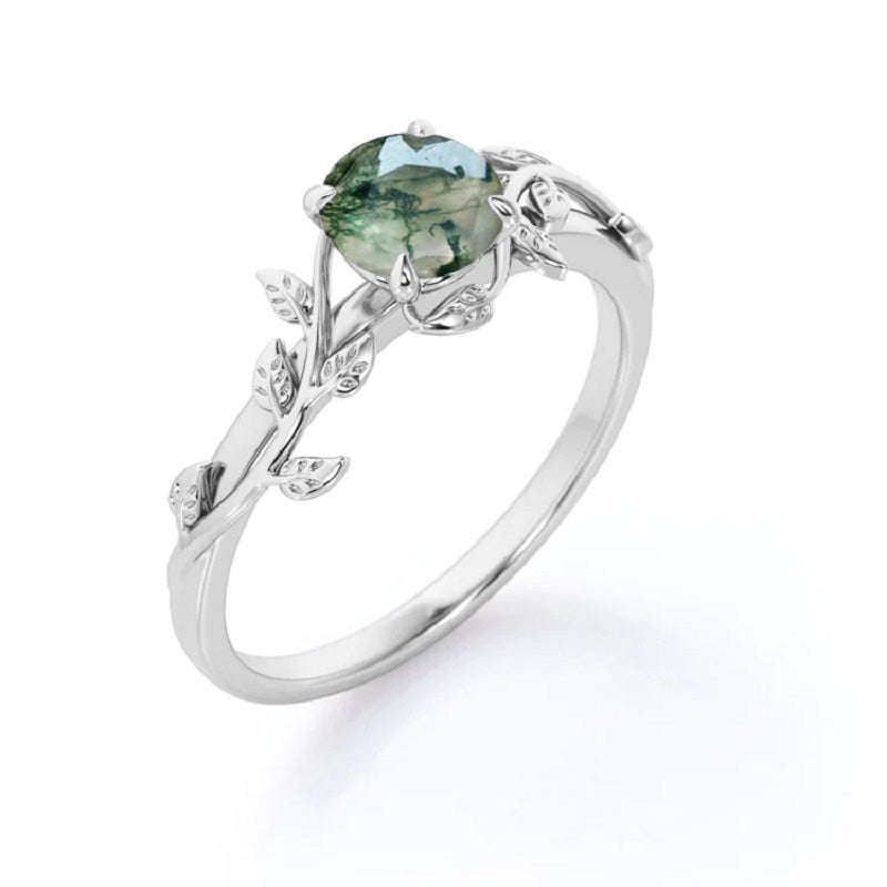 S925 Leaf Design Solitaire in Natural Green Moss Agate