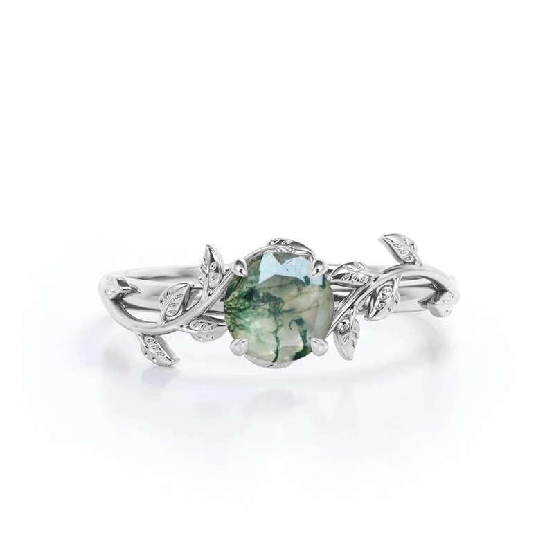 S925 Leaf Design Solitaire in Natural Green Moss Agate
