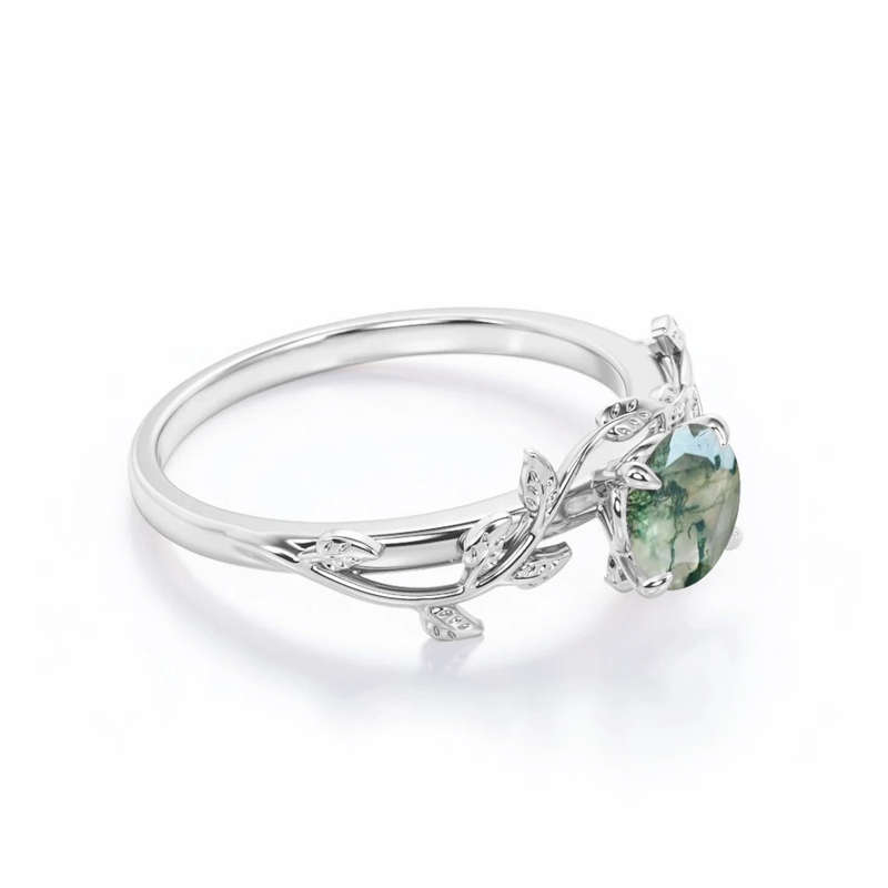S925 Leaf Design Solitaire in Natural Green Moss Agate