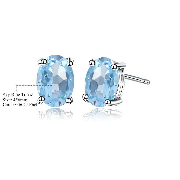 Natural Sky Blue Topaz Oval Shape Stud Earrings