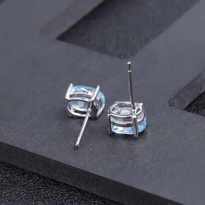 Natural Sky Blue Topaz Oval Shape Stud Earrings
