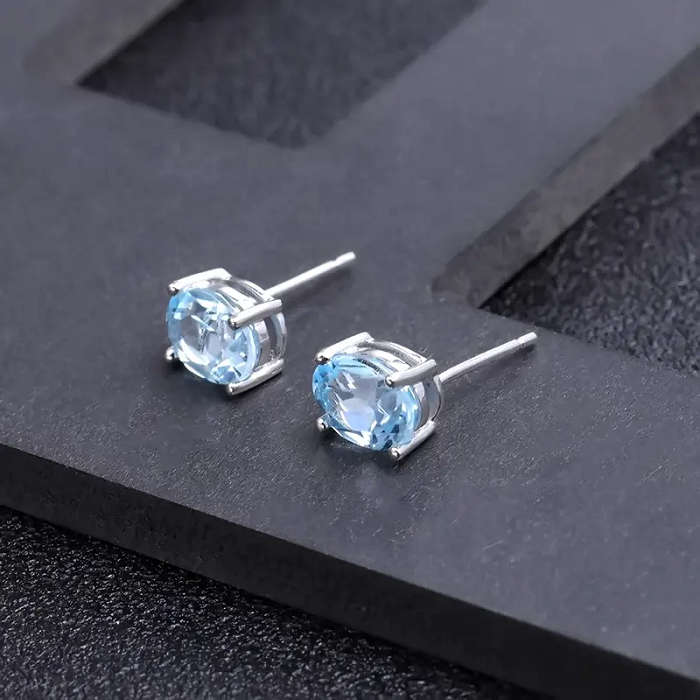 Natural Sky Blue Topaz Oval Shape Stud Earrings