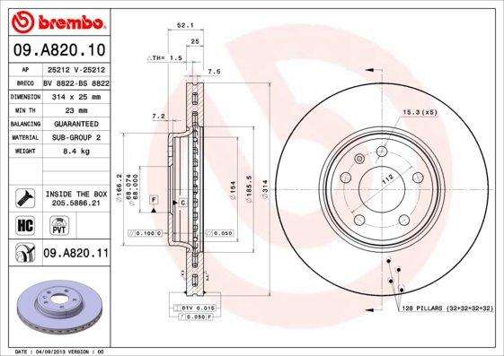 Brake Disc Vented Front Audi A4,A5 2.0,.20TDI 2008> (Single)(Brembo 09A82010)