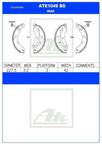 VW Polo / Polo Vivo / Chrysler PT Cruiser Rear Brake Shoes  ATE1049BS