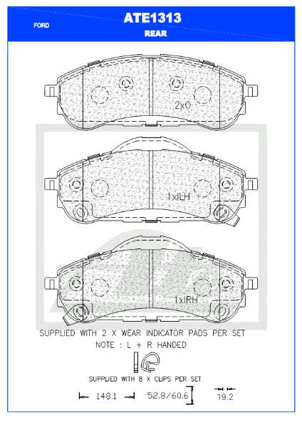 Brake Pads Rear Ford Everest II 3.2TDCi 2.2TDCi 2.0 Bi-TDCi (ATE1313)