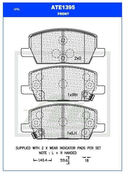 Front Brake Pads for Opel Mokka / Mokka X (2013-2020) 1.4 Petrol  ATE1395