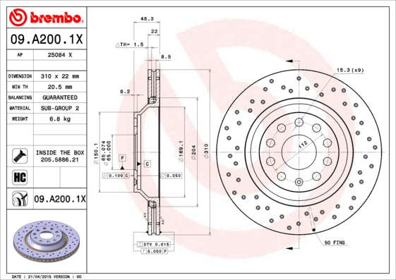 Brake Disc Front (2 In Box) Drilled Audi RS3 DAZA 310mm, Golf R CJXG (Brembo 09A2001X)