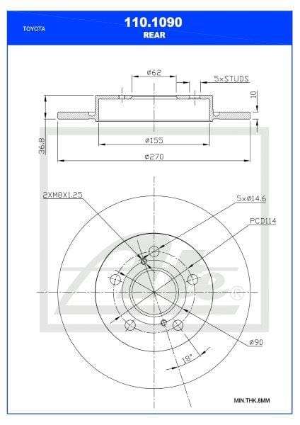 Brake Disc Solid Rear Toyota Corolla Auris 1Nr-Fe,4Zz-Fe,2Zr-Fe,1Ad-Ftv Single (Ate 110-1090)