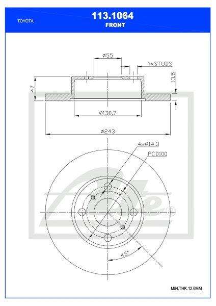 Brake Disc Solid Front Toyota Corolla 130/160 Tazz 1.3 2E Single (Ate 113-1064)