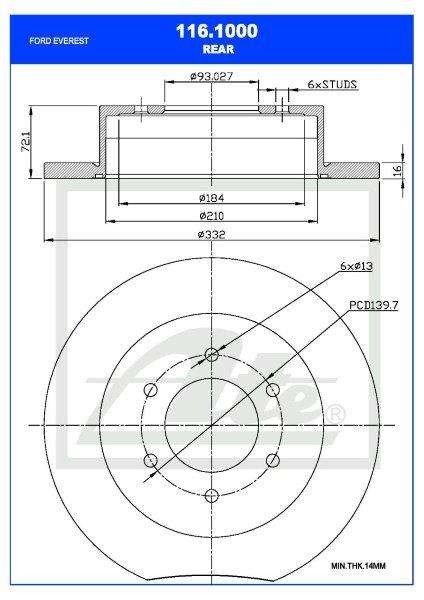 Brake Disc Rear Ford Everest 2.0Tdci,3.2Tdci (Ymwq,T22Dd0P,P5-At) Single (Ate 116-1000)