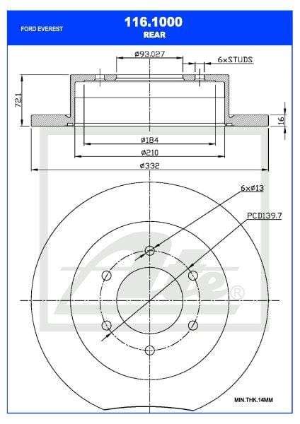 Brake Disc Rear Ford Everest 2.0Tdci,3.2Tdci (Ymwq,T22Dd0P,P5-At) Single (Ate 116-1000)