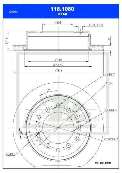 Brake Disc Vented Rear Toyota Fortuner 2Tr,1Gr,2Gd,1Gd/Fj Cruiser 4.0 1Gr-Fe/Prado Single (Ate 11...