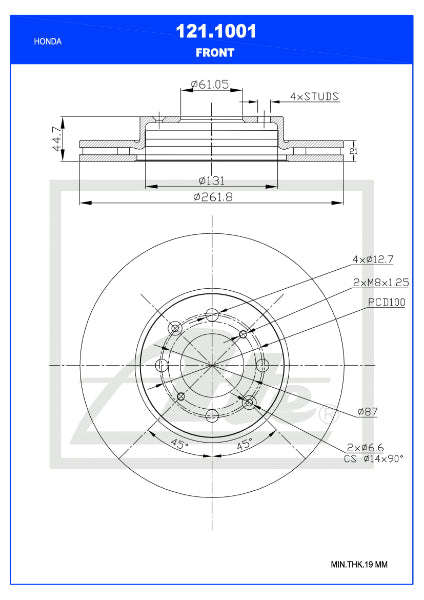 Brake Disc Vented Front Honda Ballade 2012-On 1.5Ivtec Single (Ate 121-1001)