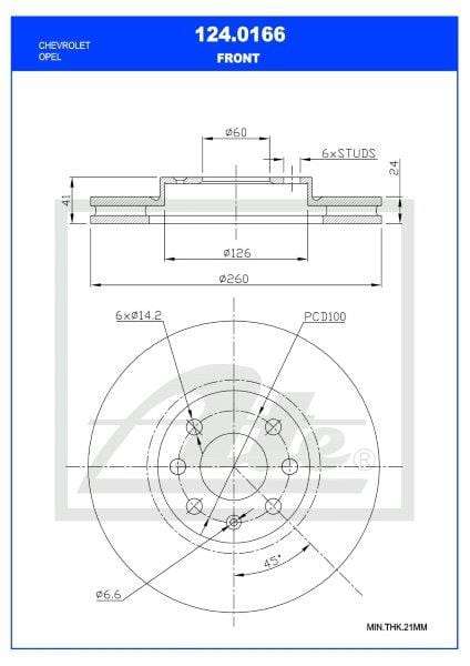 Brake Disc Vented Front Chev Corsa Ldv/Utility 1.4,1.8,1.3Cdti,Deowoo Lanos 1.6 Single (Ate 124-0...