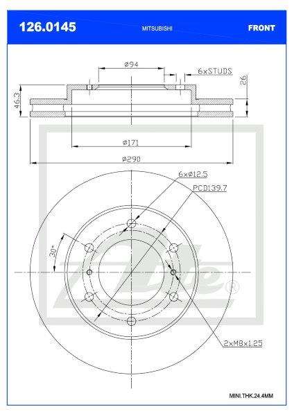 Brake Disc Vented Front Mitsubishi Pajero,Shogun 3.2Di-D Single (Ate 126-0145)