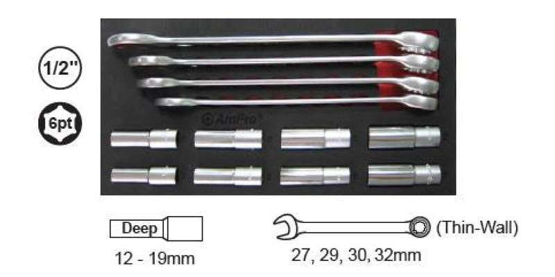 12Pc 1/2 Drive Deep Socket & Combination Wrench Set (Foam Tray) AMPRO T45521