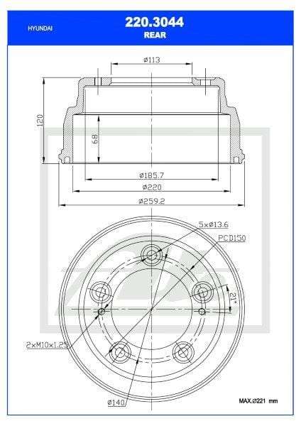 Brake Drum Rear Hyundai H1/H100 2.5Crdi Single (Ate 220-3044)