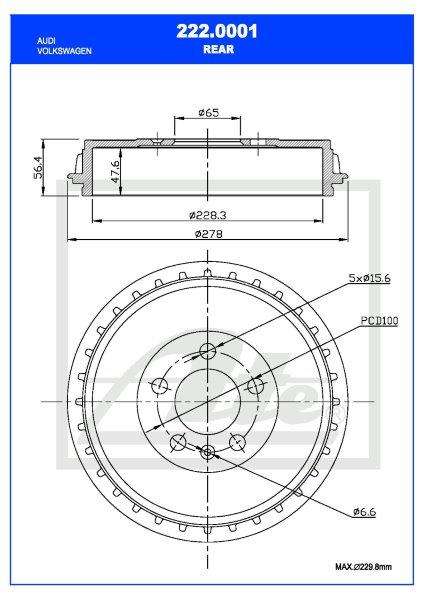 Brake Drum Vw Polo/Audi A1 25,30,35,40Tfsi,Polo 1.0Tfsi,1.6Tdi Single (Ate 222-0001)