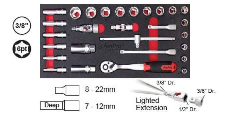 28Pc 3/8 Drive Socket Set (Foam Tray) AMPRO T45327