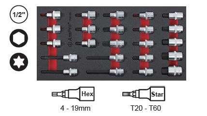 23Pc 1/2 Drive Hex & Star Bit Socket (Foam Tray) AMPRO T33236