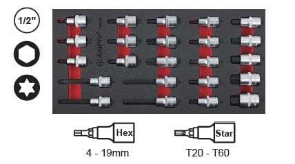 23Pc 1/2 Drive Hex & Star Bit Socket (Foam Tray) AMPRO T33236