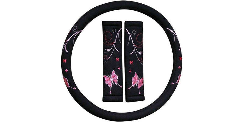 Autogear Steering Wheel Cover & S/Belt Comforter Set Pink Butterfly - 3 Pieces