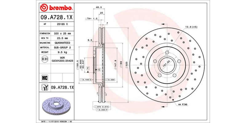 Brake Disc Front (1 In Box) Drilled Ford Focus 2.5 Volvo C70 S40 V50 (Brembo 09A7281X)