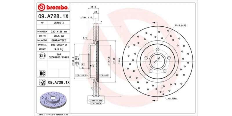 Brake Disc Front (1 In Box) Drilled Ford Focus 2.5 Volvo C70 S40 V50 (Brembo 09A7281X)