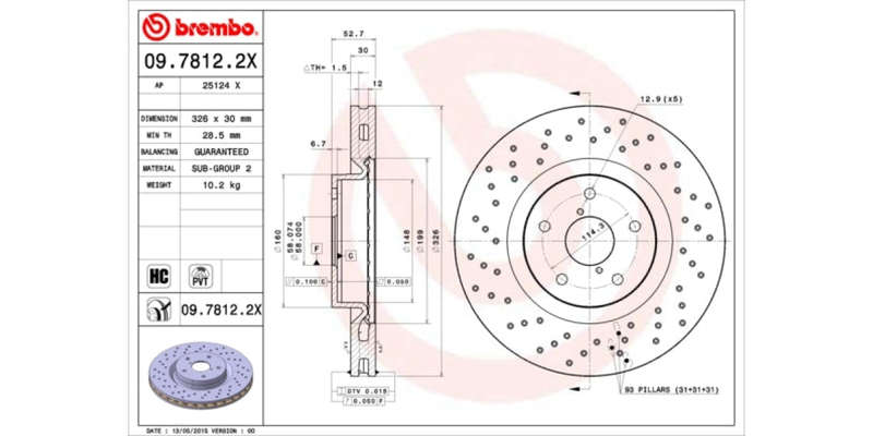 Brake Disc Front (1 In Box) Drilled Subaru Impreza (Brembo 0978122X)