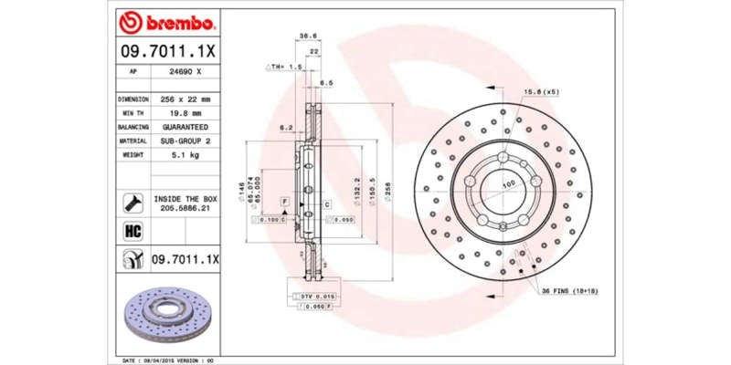 Brake Disc Front (2 In Box) Drilled Audi A2 A1 (Brembo 0970111X)