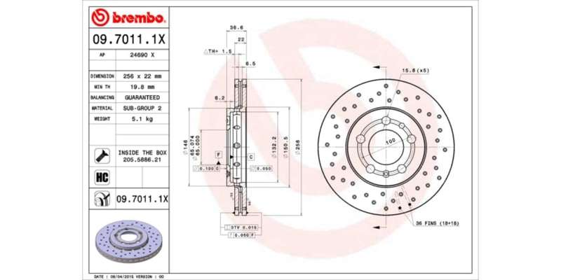 Brake Disc Front (2 In Box) Drilled Audi A2 A1 (Brembo 0970111X)