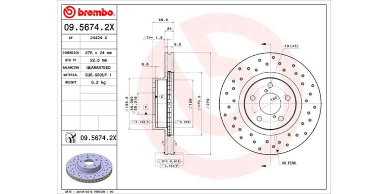 Brake Disc Front (2 In Box) Drilled Subaru Impreza (Brembo 0956742X)