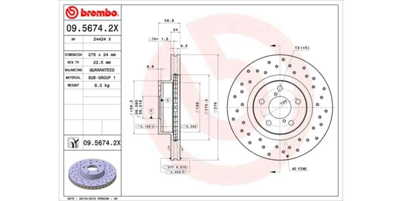 Brake Disc Front (2 In Box) Drilled Subaru Impreza (Brembo 0956742X)