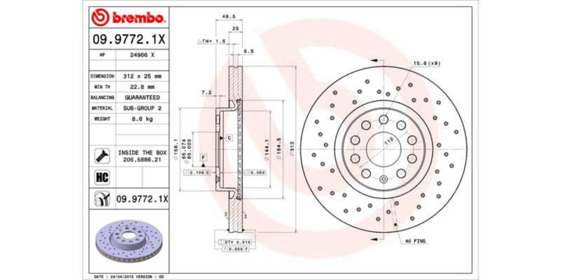 Brake Disc Front (2 In Box) Drilled Vw Golf Scirocco Touran Audi A3 (Brembo 0997721X)