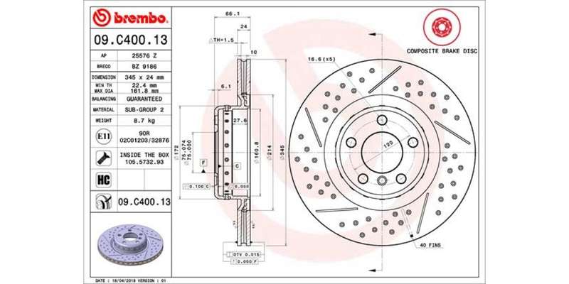 Brake Disc Rear (1 In Box) Bmw 1 F20 3 F30 4 F32 (M Sport) Vented Dimpled (Brembo 09C40013)