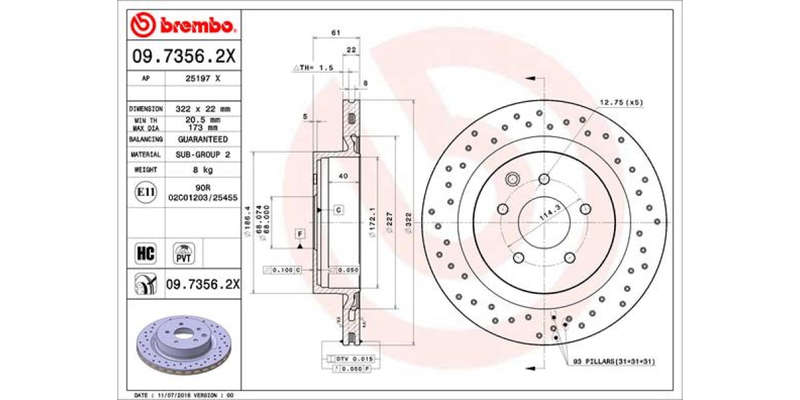 Brake Disc Rear (2 In Box) Drilled Nissan 350 Z Roadster (Brembo 0973562X)