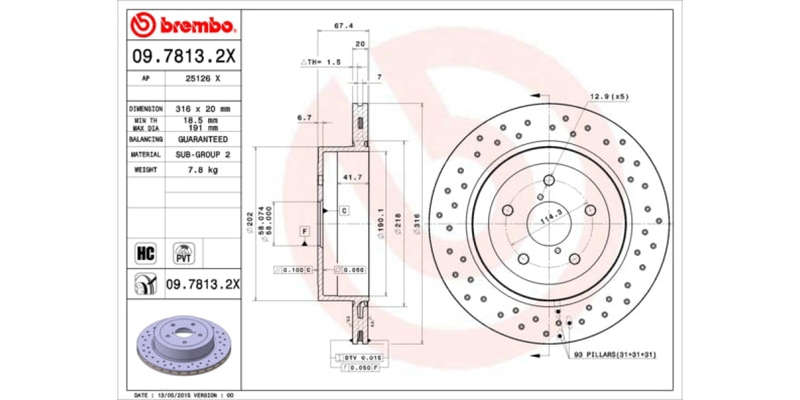 Brake Disc Rear (2 In Box) Drilled Subaru Impreza (Brembo 0978132X)