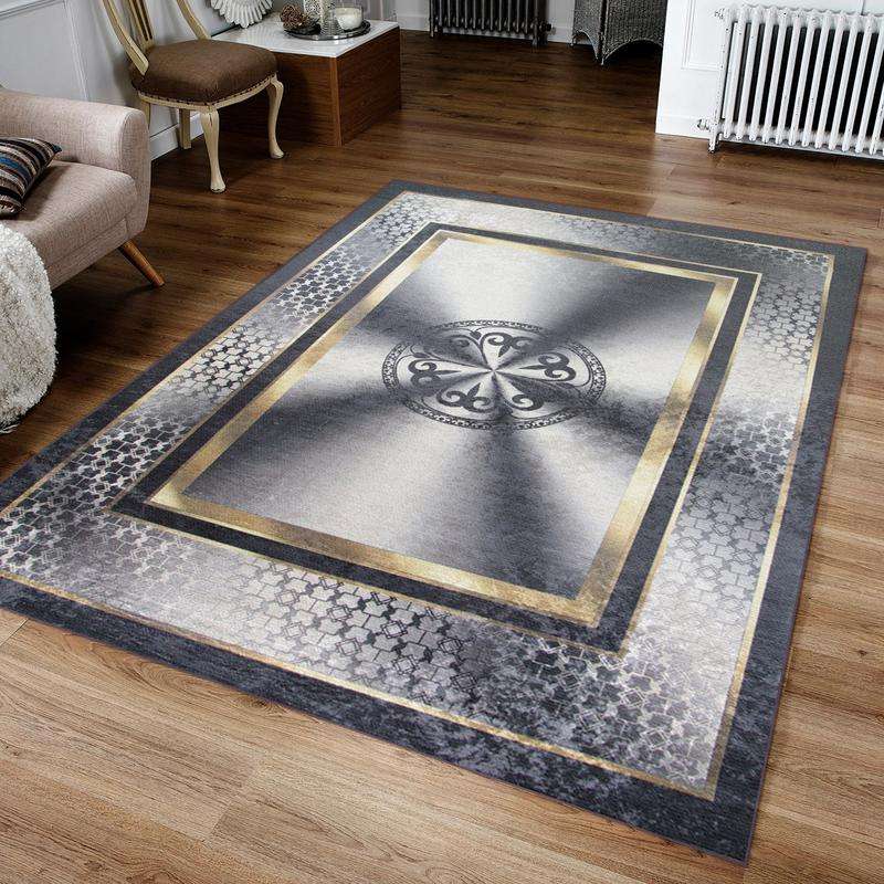 Digital Printer Black White Gold Rug