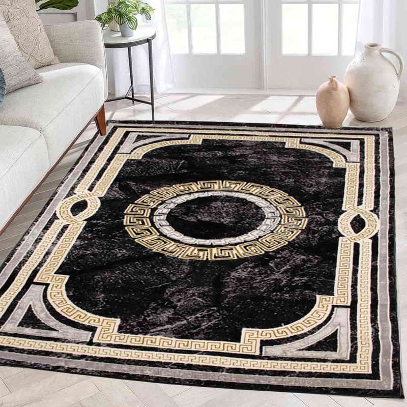 First Class Polyester Black Grey Circle Rug