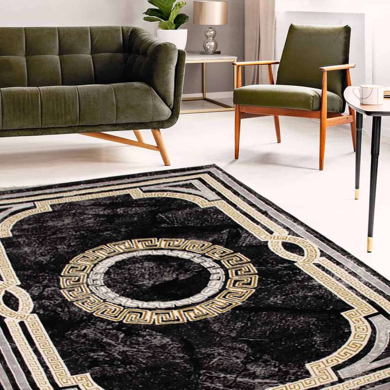 First Class Polyester Black Grey Circle Rug