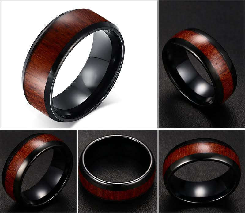 Men's Black Tungsten Carbide Ring with Wood Inlay - US 9