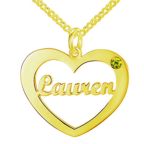 Personalized Name Necklace, Heart Design with Birthstone choice - Yellow Gold Plated
