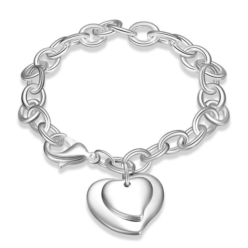 925 sterling silver filled double heart charm bracelet