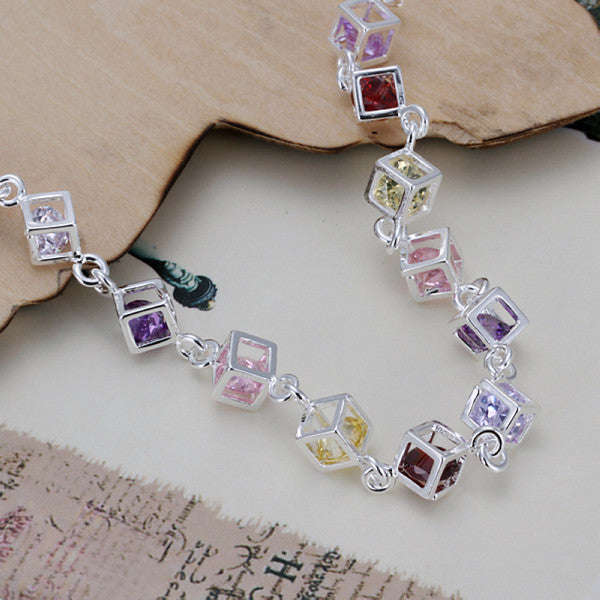 925 Sterling silver filled Square link bracelet with colored Austrian crystal inner